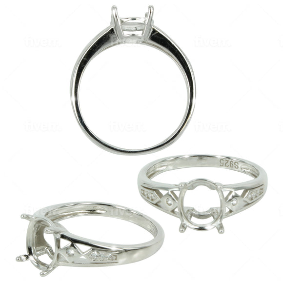 Open Shoulders Ring with CZ's in Sterling Silver for 7x8mm Oval stones