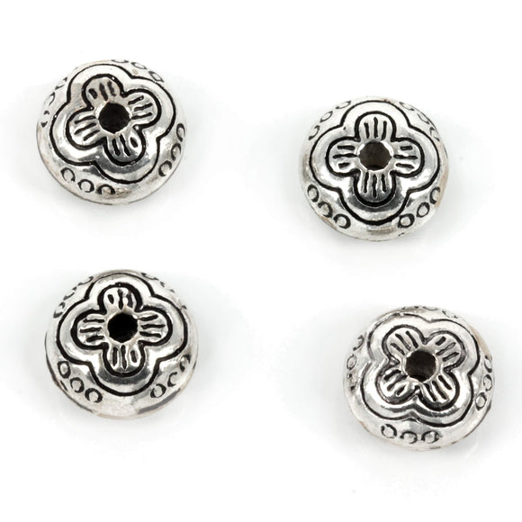 Rondelle Bead with Flower Motif in Sterling Silver 10x6mm