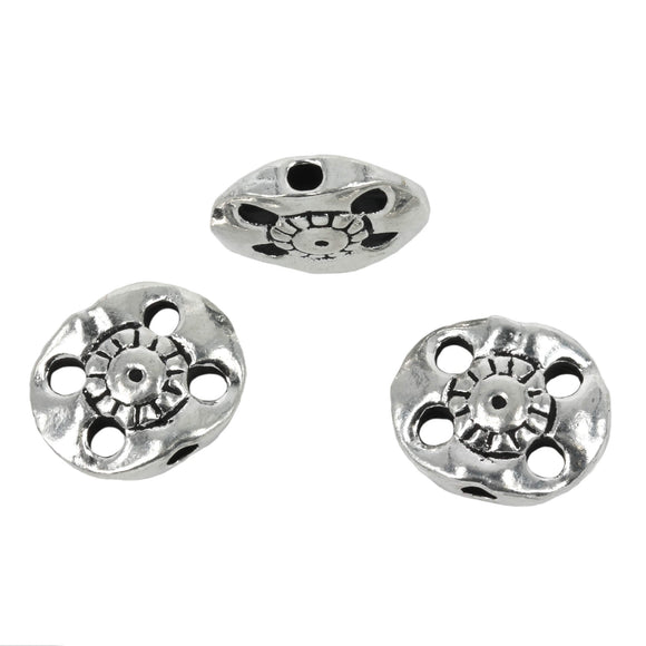 Pierced Disk Bead with Flower Pattern in Sterling Silver 14x17x5mm