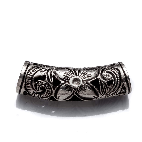 Curved Flower Tube Bead in Antique Sterling Silver 30.2x9.1mm